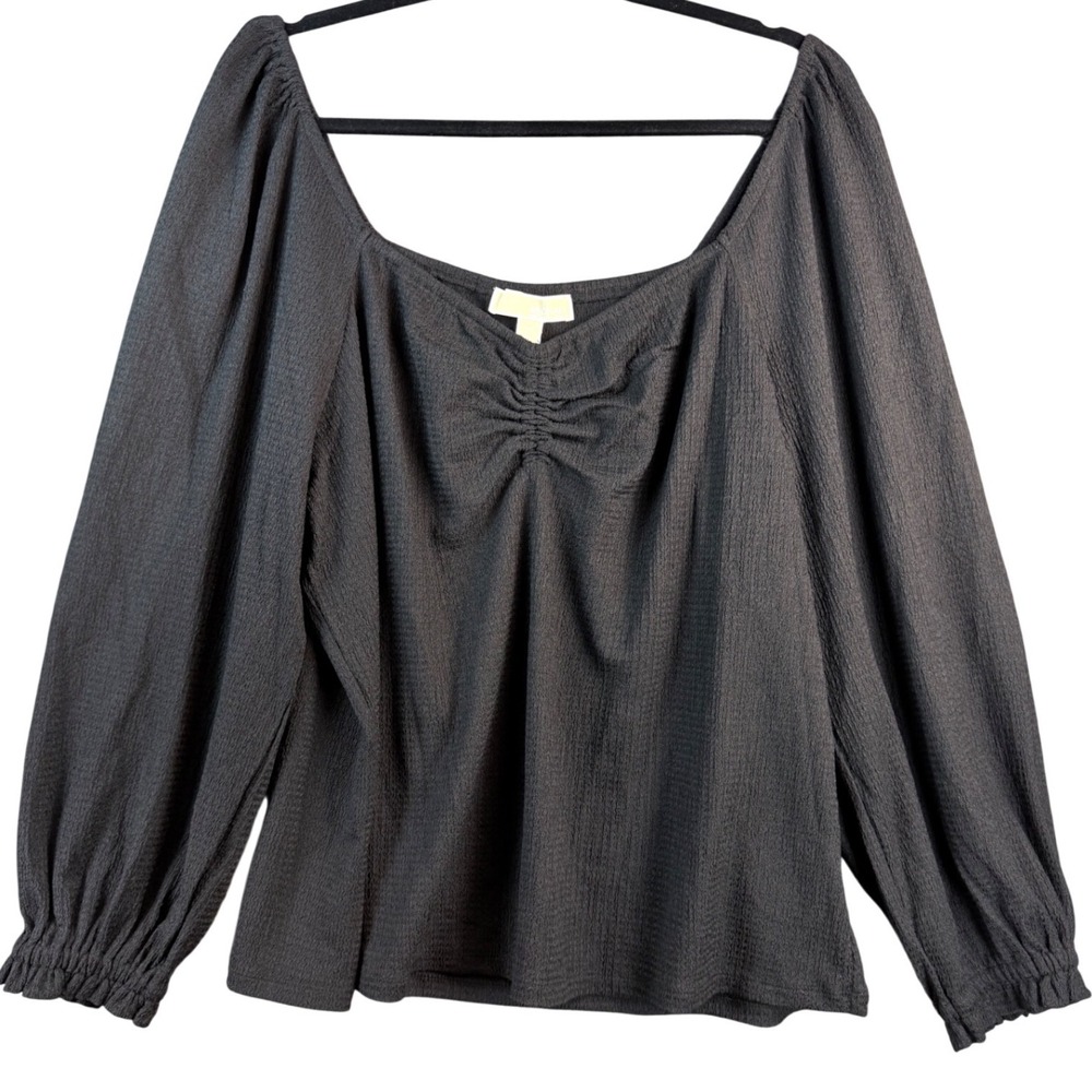 Michael Michael Kors Black Ruched Square Neck Puff Sleeve Blouse 2X WF250V84N5